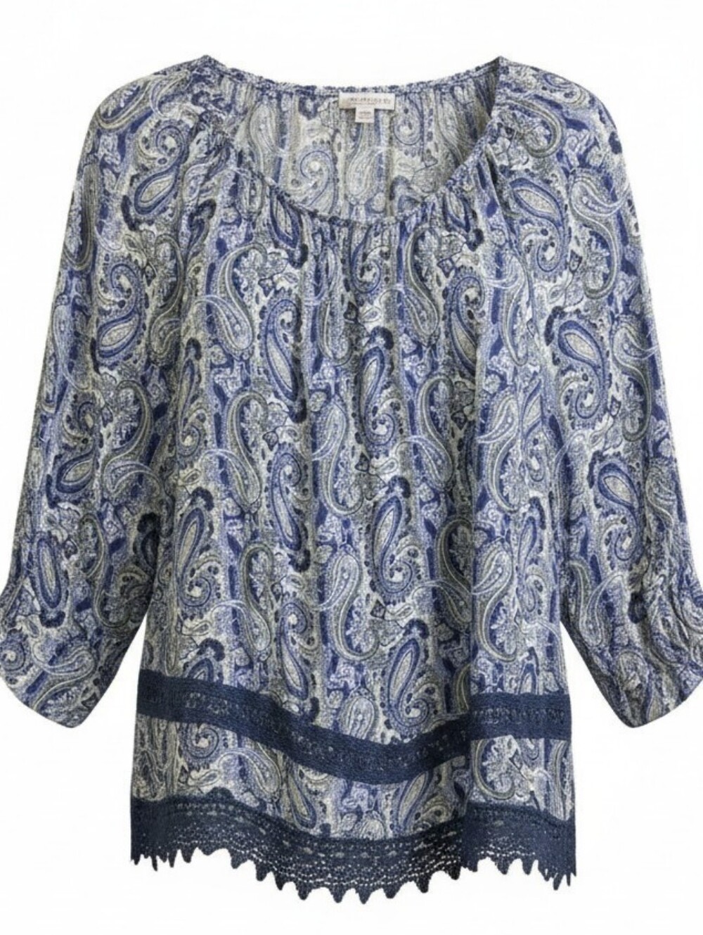 Blue Paisley Peasant Tunic with Crochet Trim